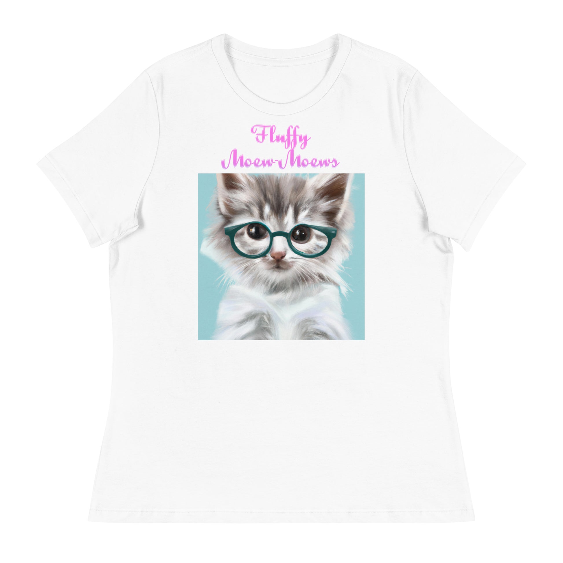 Women's White T-Shirt with Cute Cat With Glasses with a text "Fluffy Moew-Moews" at $25.97 found at Personalizedpetlovergifts