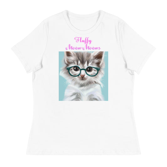 Women's White T-Shirt with Cute Cat With Glasses with a text "Fluffy Moew-Moews" at $25.97 found at Personalizedpetlovergifts