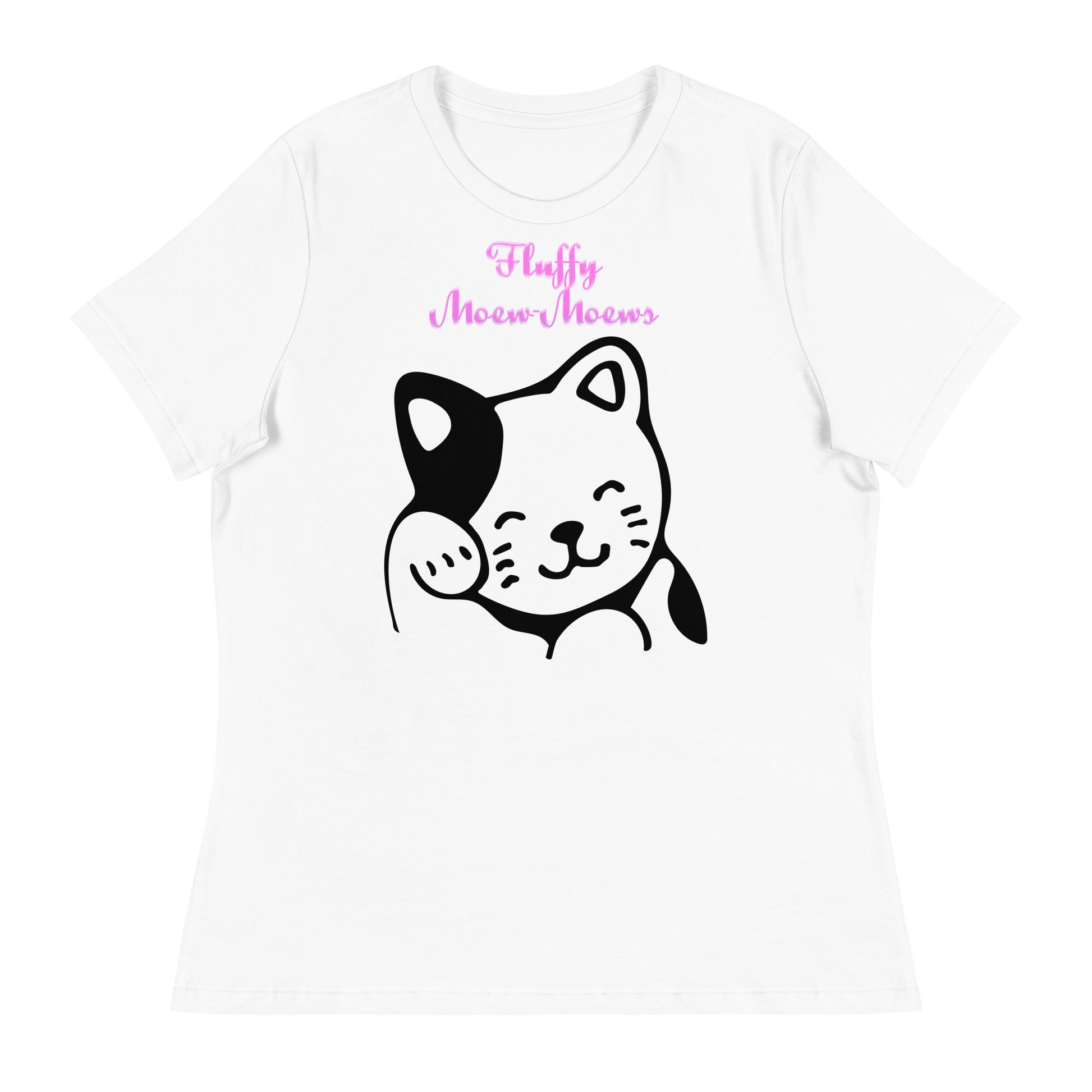 Women's White T-Shirt with Cute Cat Waving with a text "Fluffy Moew-Moews" at $25.97 found at Personalizedpetlovergifts