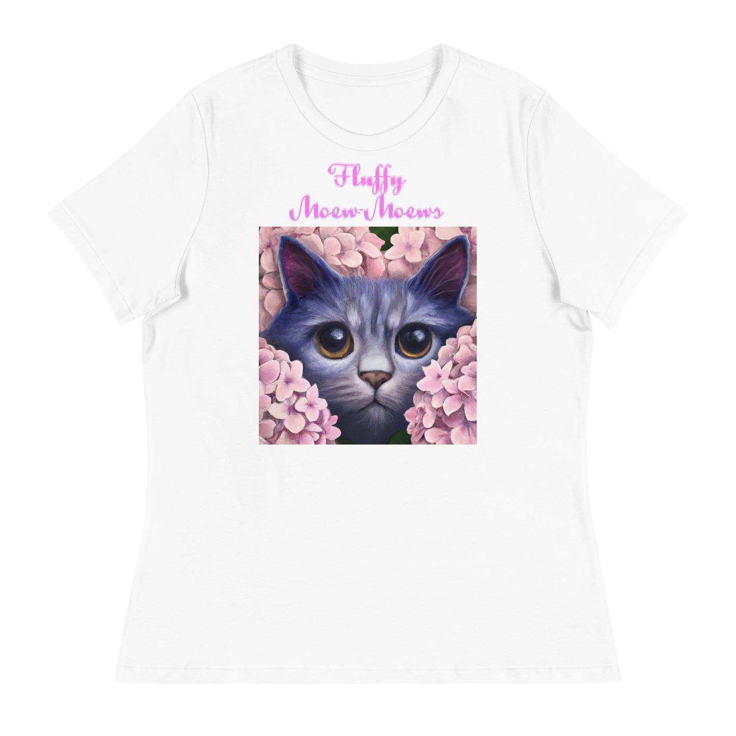 Women's White T-Shirt with Cute Cat In Flowers with a text "Fluffy Moew-Moews" at $25.97 found at Personalizedpetlovergifts