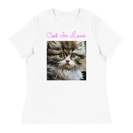 Women's White T-Shirt with Fluffy Kitten Oil Painting with a text "Cat Is Love" at $25.97 found at Personalizedpetlovergifts