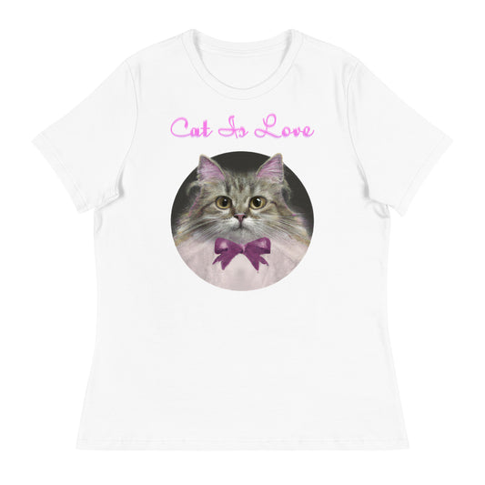 Women's White T-Shirt with Fluffy Kitten in a Circle With a Bow with a text "Cat Is Love" at $25.97 found at Personalizedpetlovergifts