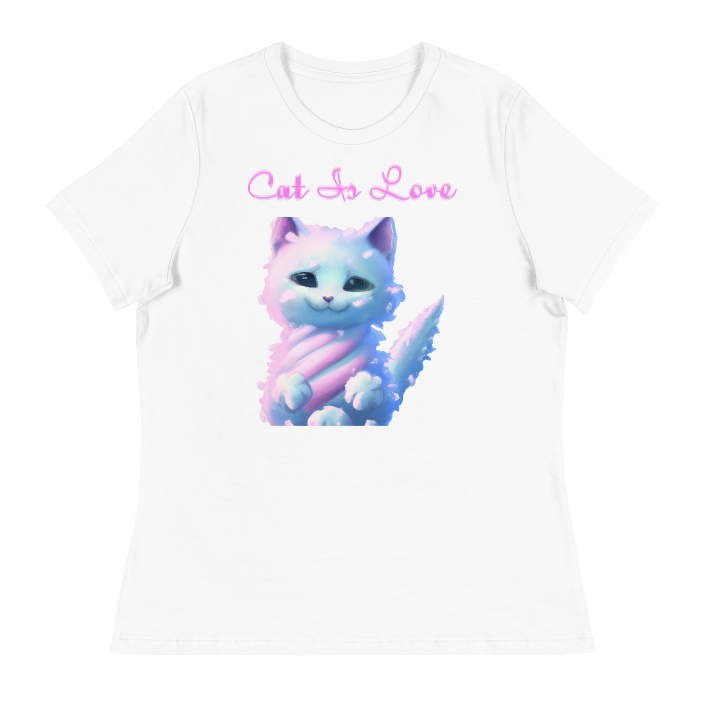 Women's White T-Shirt with Fluffy Cotton Candy Cloud Kitten with a text "Cat Is Love" at $25.97 found at Personalizedpetlovergifts