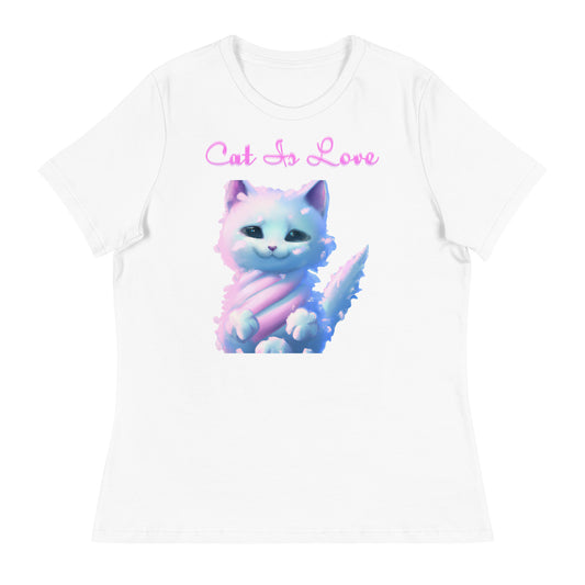 Women's White T-Shirt with Fluffy Cotton Candy Cloud Kitten with a text "Cat Is Love" at $25.97 found at Personalizedpetlovergifts