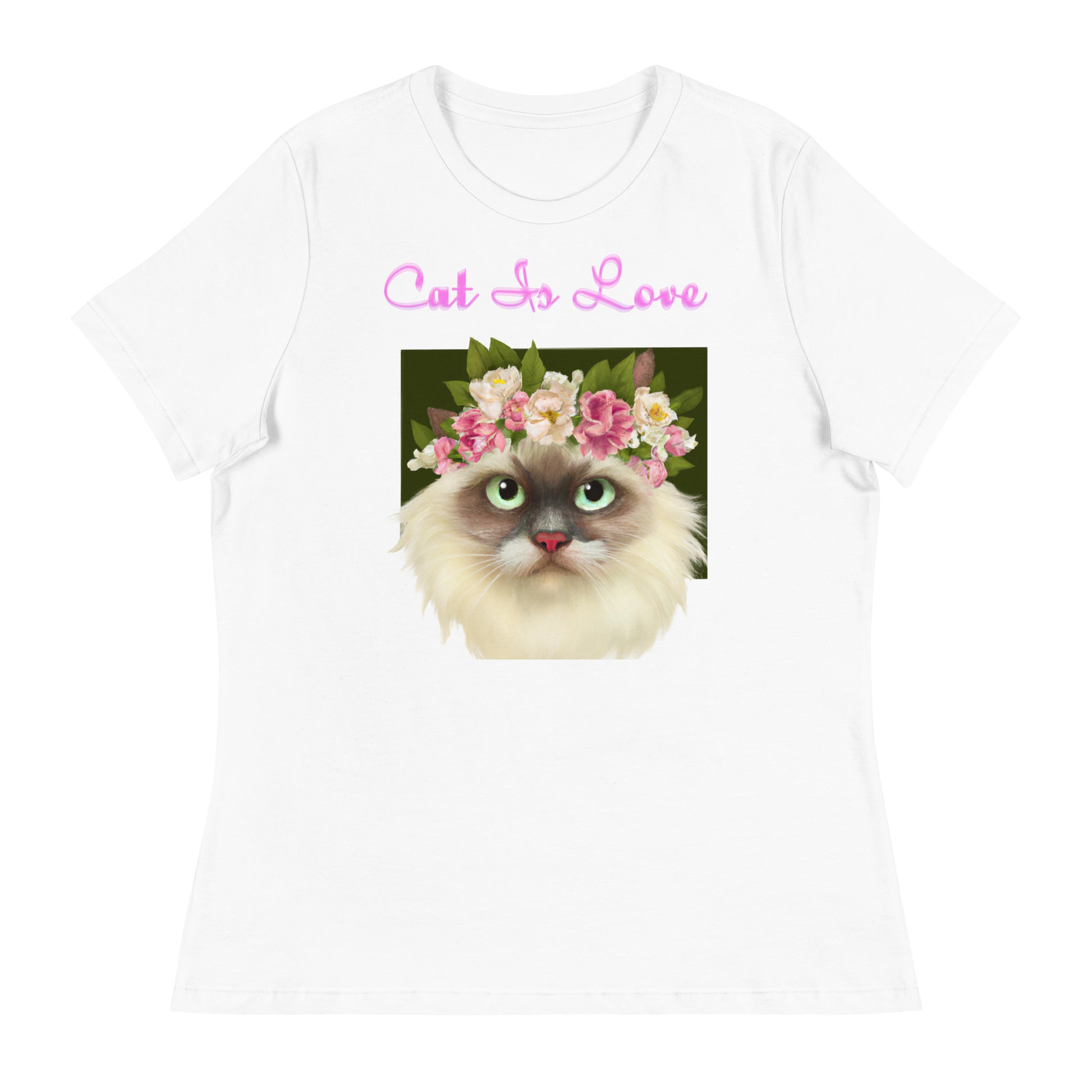 Women's White T-Shirt with Fluffy Cat Portrait With Flowers with a text "Cat Is Love" at $25.97 found at Personalizedpetlovergifts