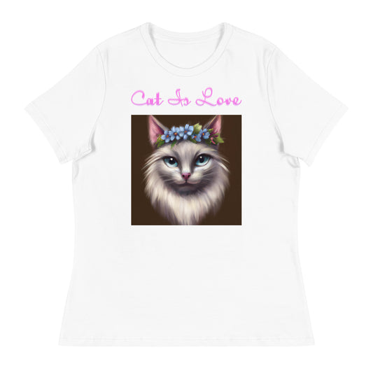 Women's White T-Shirt with Fluffy Cat Portrait With Blue Flowers with a text "Cat Is Love" at $25.97 found at Personalizedpetlovergifts