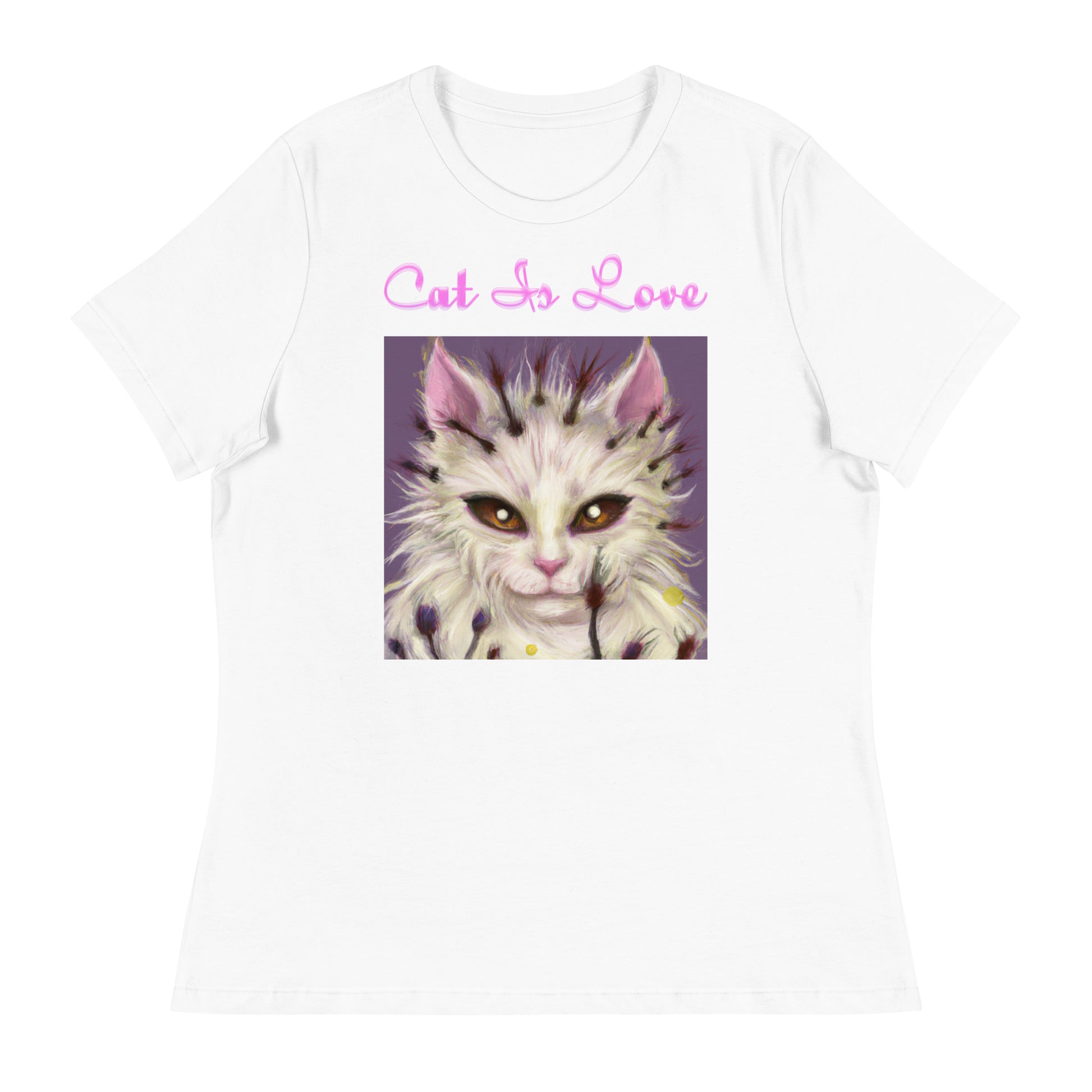 Women's White T-Shirt with Fluffy Alien Cat with a text "Cat Is Love" at $25.97 found at Personalizedpetlovergifts