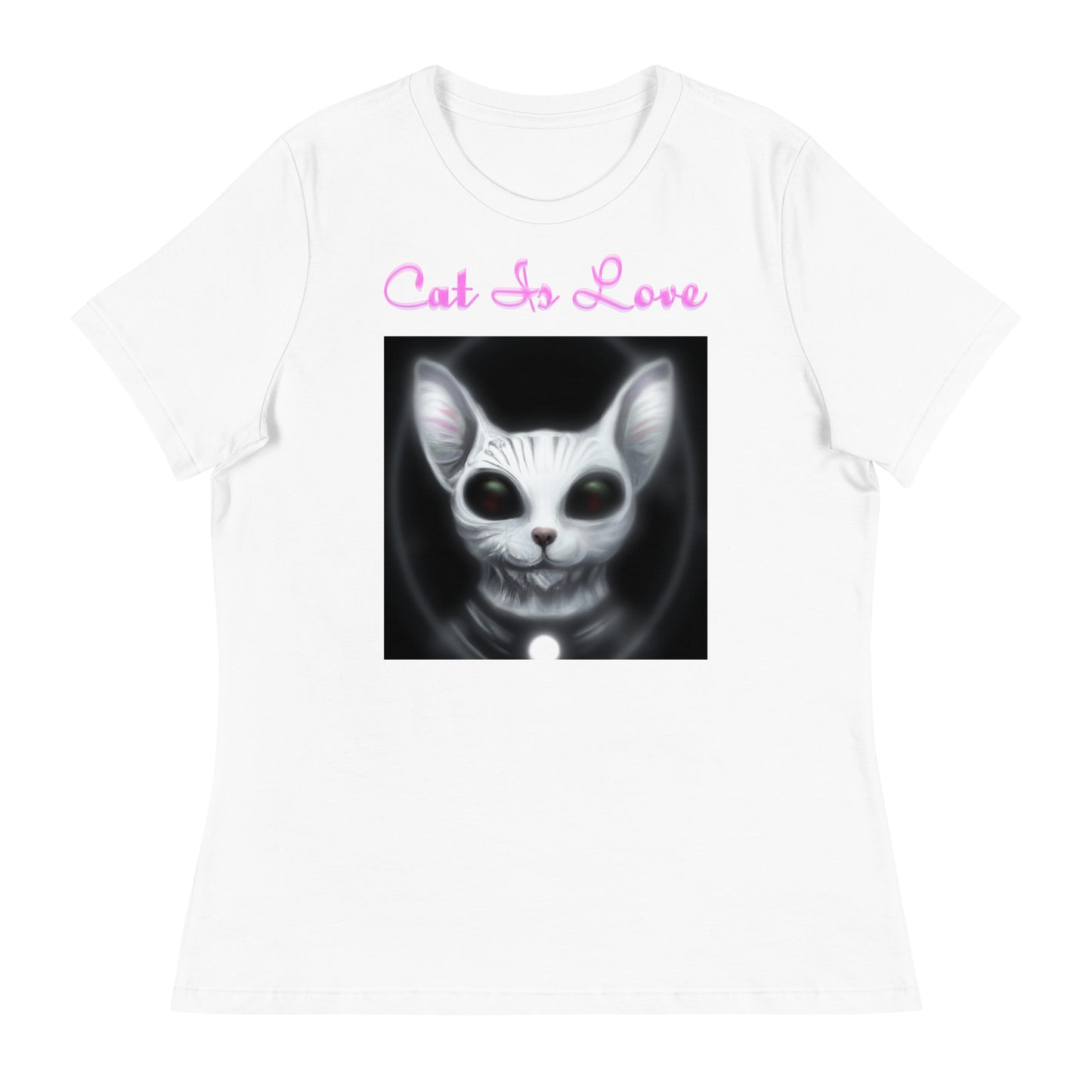 Women's White T-Shirt with Dark Alien Cat with a text "Cat Is Love" at $25.97 found at Personalizedpetlovergifts