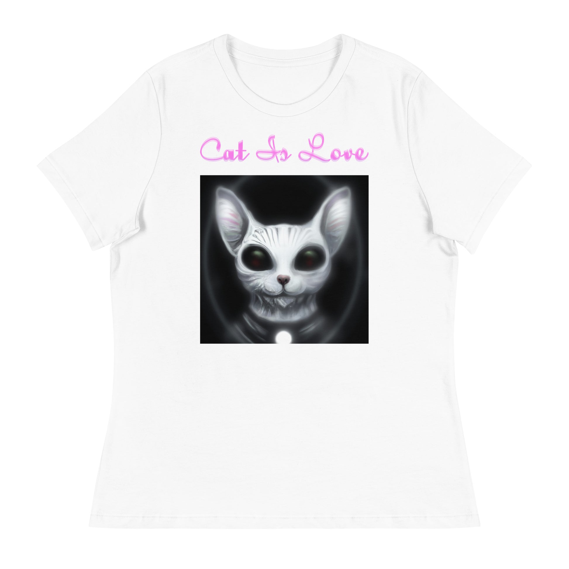 Women's White T-Shirt with Dark Alien Cat with a text "Cat Is Love" at $25.97 found at Personalizedpetlovergifts