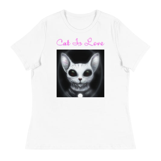 Women's White T-Shirt with Dark Alien Cat with a text "Cat Is Love" at $25.97 found at Personalizedpetlovergifts