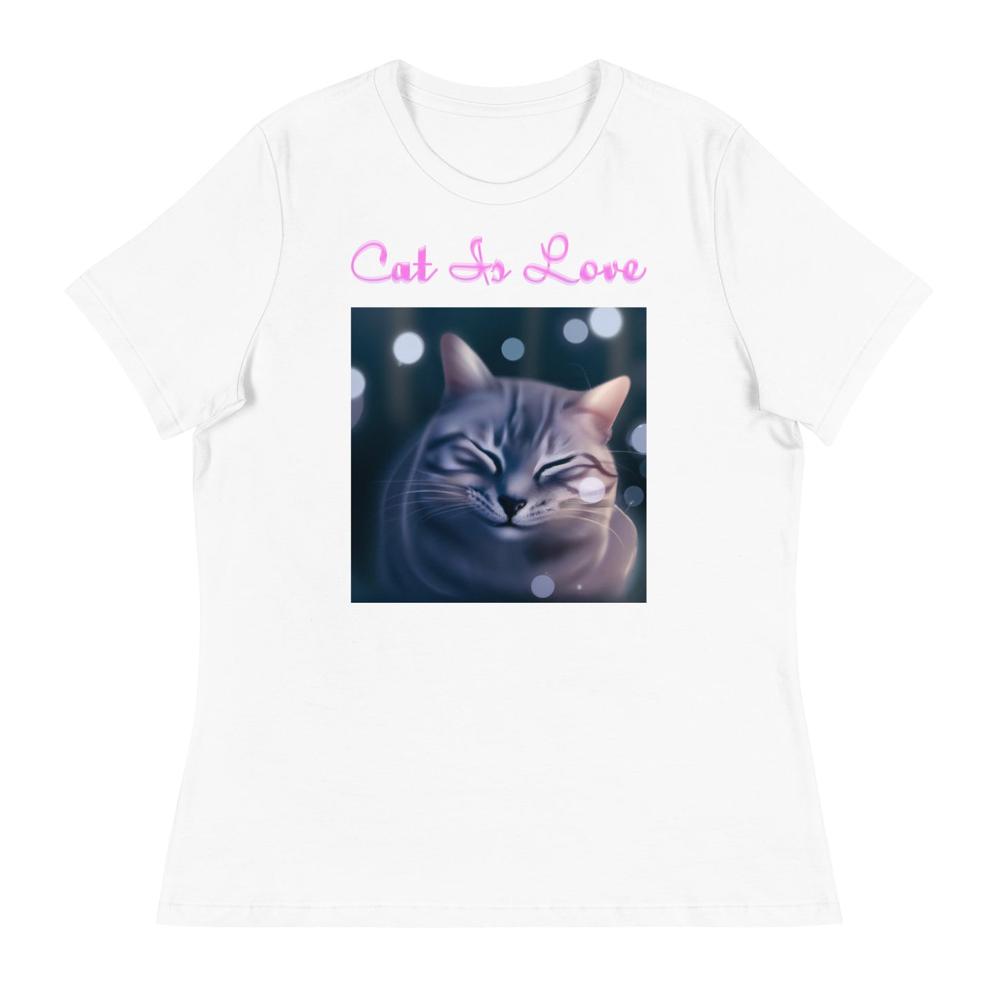 Women's White T-Shirt with Cute Sleepy Cat with a text "Cat Is Love" at $25.97 found at Personalizedpetlovergifts