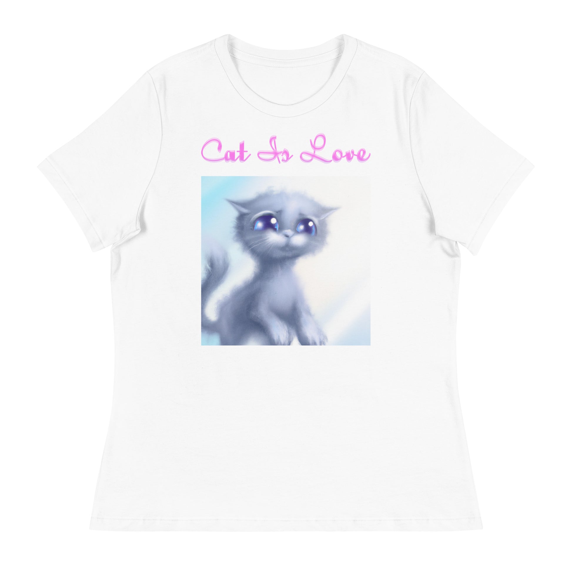 Women's White T-Shirt with Cute Sad Kitten with a text "Cat Is Love" at $25.97 found at Personalizedpetlovergifts