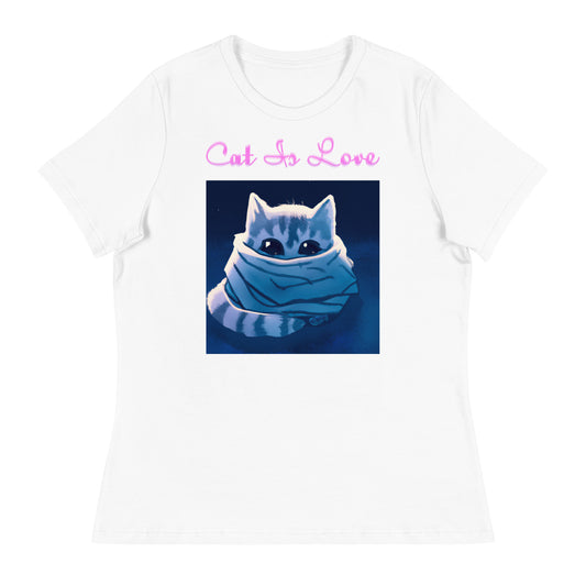 Women's White T-Shirt with Cute Kitten Wrapped Up In a Cozy Scarf with a text "Cat Is Love" at $25.97 found at Personalizedpetlovergifts