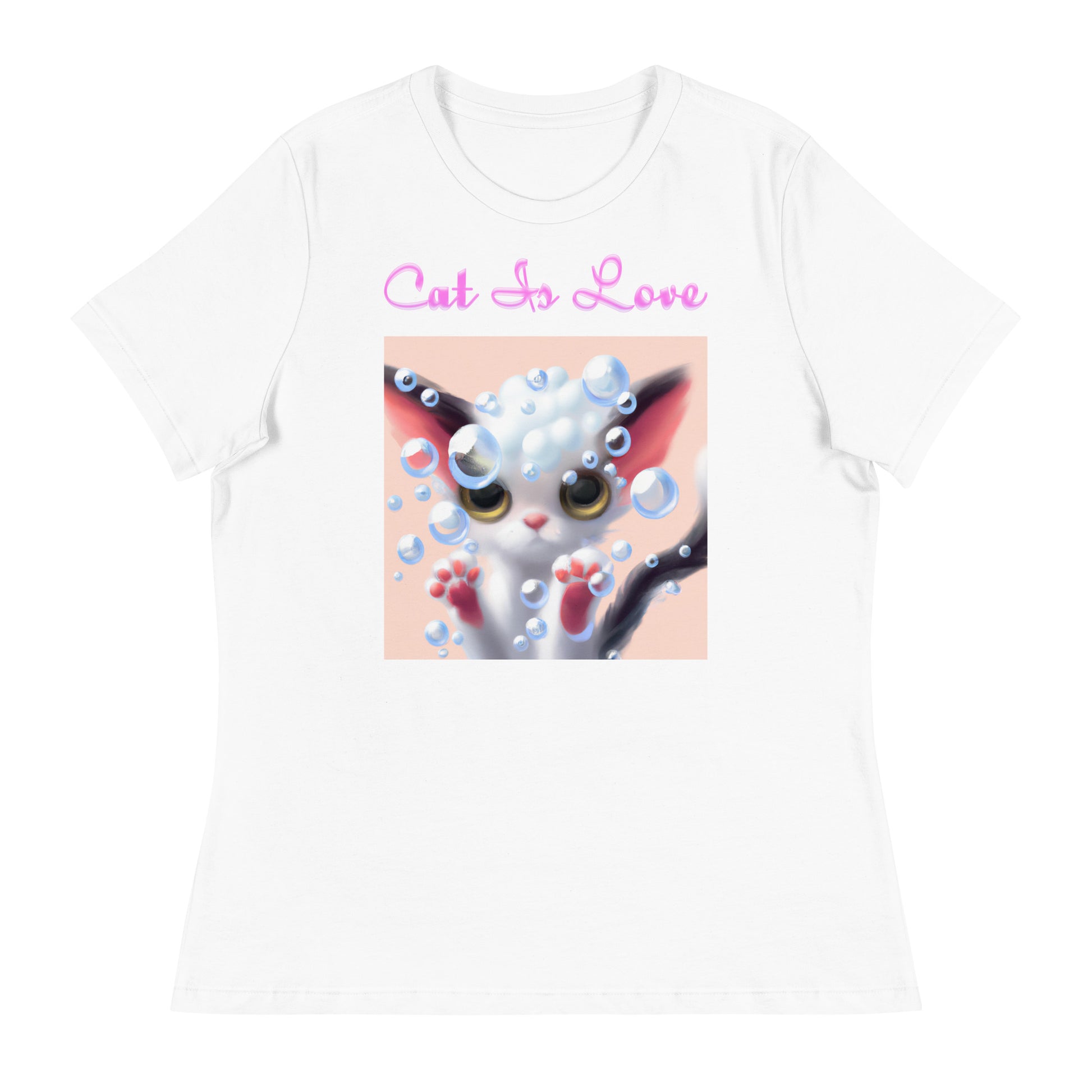 Women's White T-Shirt with Cute Kitten With Bubbles with a text "Cat Is Love" at $25.97 found at Personalizedpetlovergifts