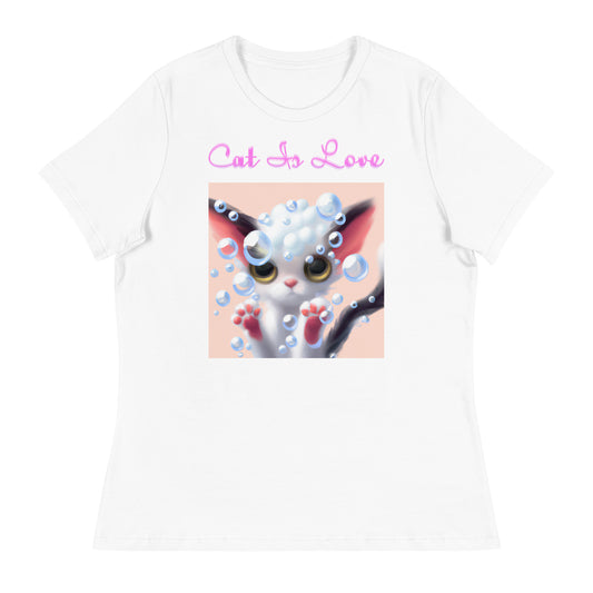 Women's White T-Shirt with Cute Kitten With Bubbles with a text "Cat Is Love" at $25.97 found at Personalizedpetlovergifts