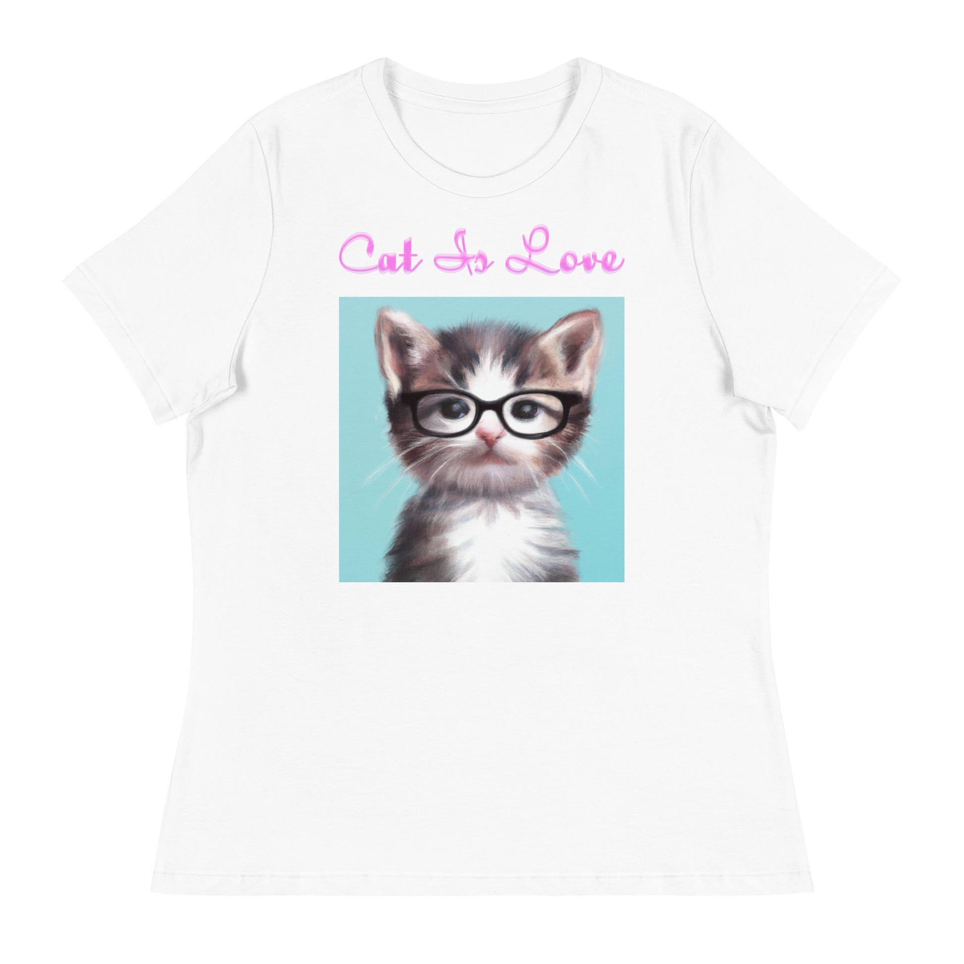 Women's White T-Shirt with Cute Kitten Wearing Glasses with a text "Cat Is Love" at $25.97 found at Personalizedpetlovergifts