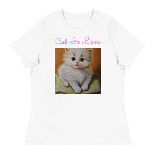 Women's White T-Shirt with Cute Kitten Sitting On a Pillow with a text "Cat Is Love" at $25.97 found at Personalizedpetlovergifts