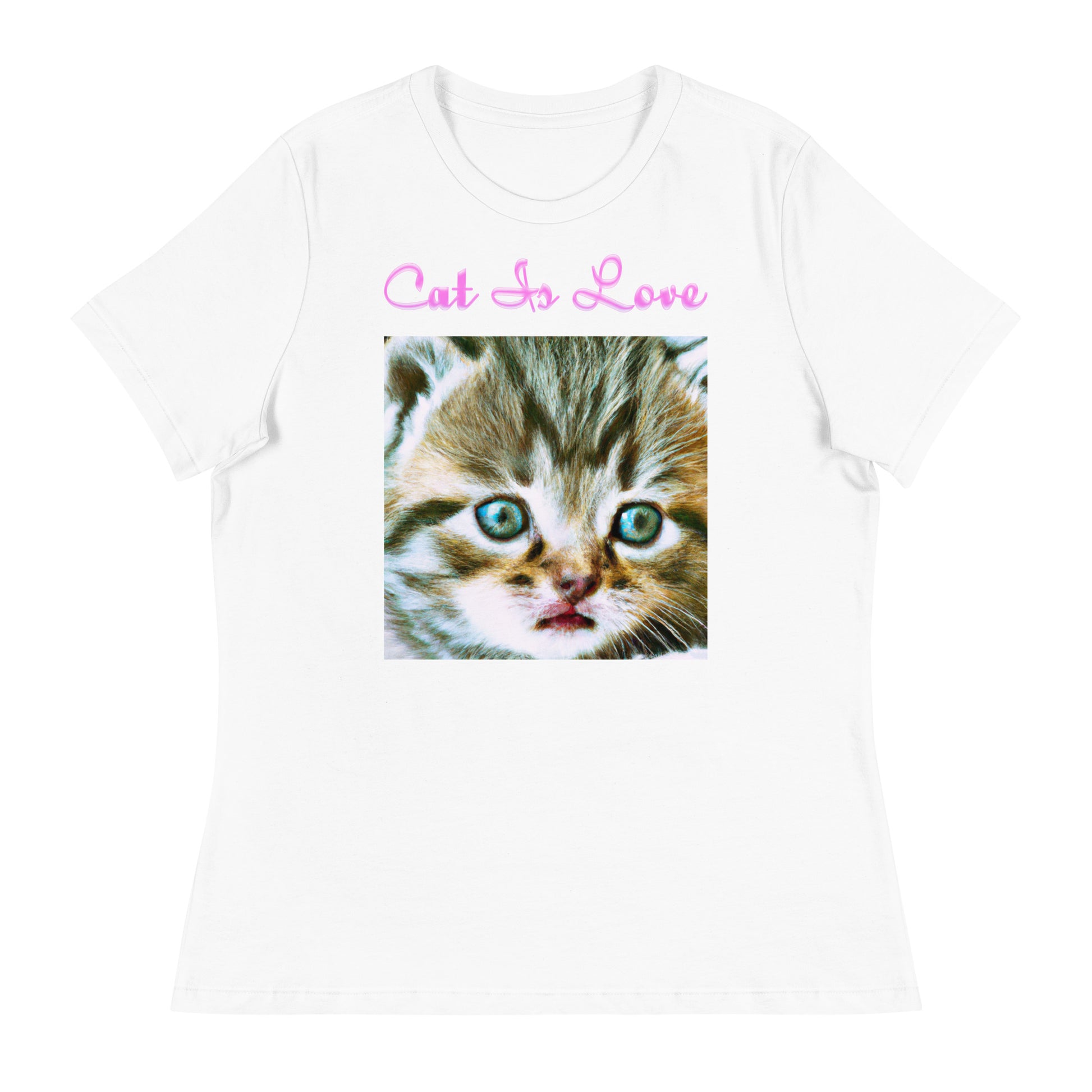 Women's White T-Shirt with Cute Kitten Portrait with a text "Cat Is Love" at $25.97 found at Personalizedpetlovergifts