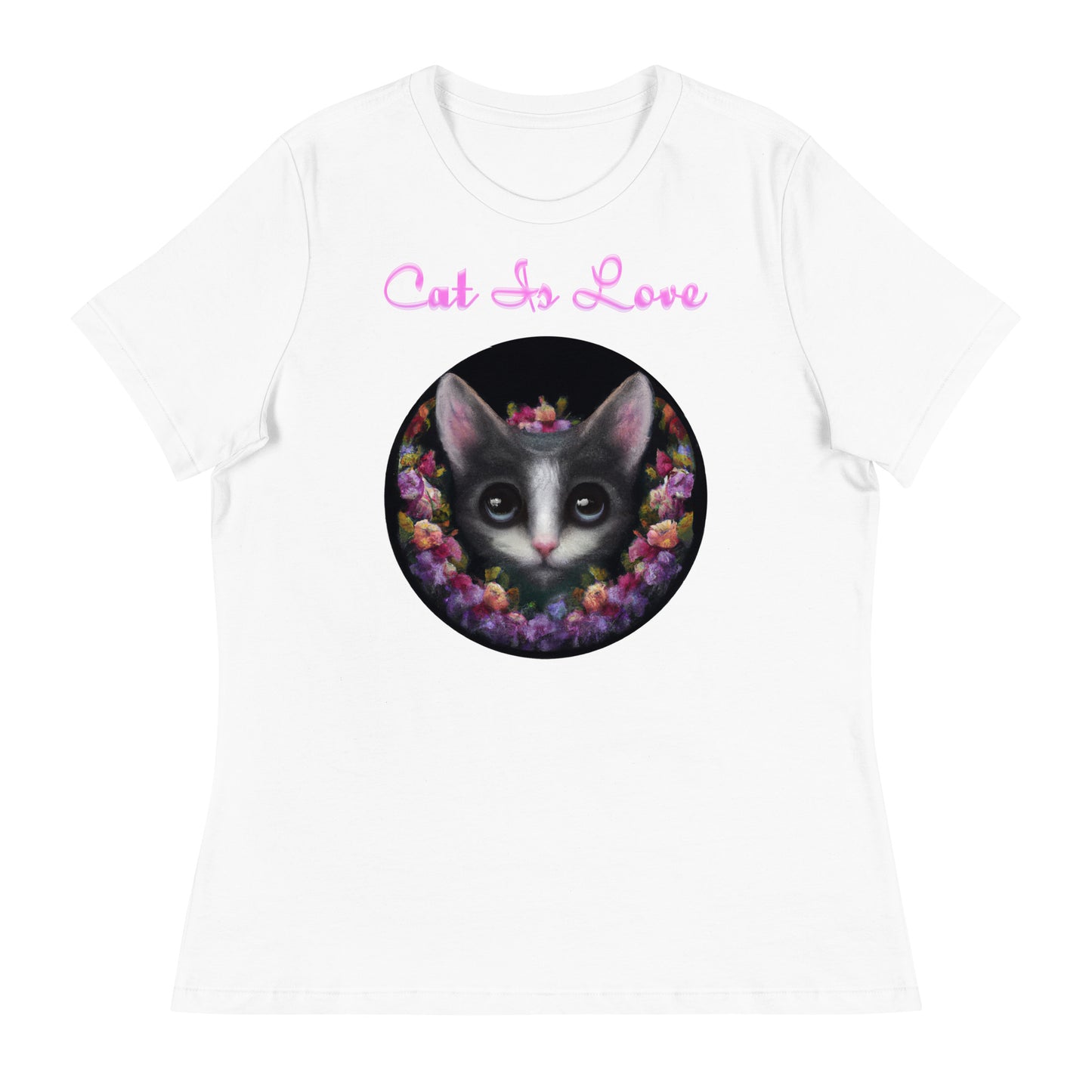 Women's White T-Shirt with Cute Kitten In Flower Circle with a text "Cat Is Love" at $25.97 found at Personalizedpetlovergifts