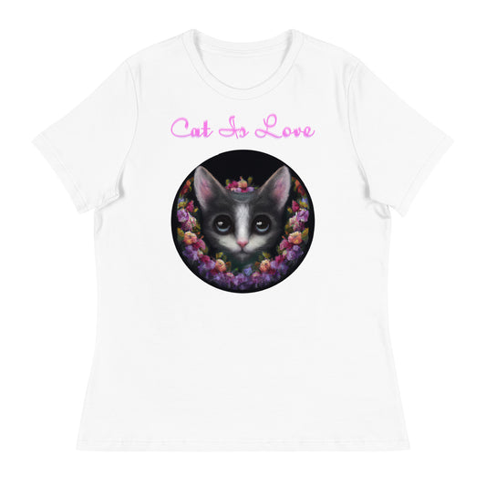 Women's White T-Shirt with Cute Kitten In Flower Circle with a text "Cat Is Love" at $25.97 found at Personalizedpetlovergifts