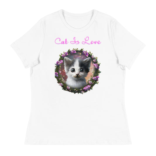 Women's White T-Shirt with Cute Kitten In a Floral Circle with a text "Cat Is Love" at $25.97 found at Personalizedpetlovergifts