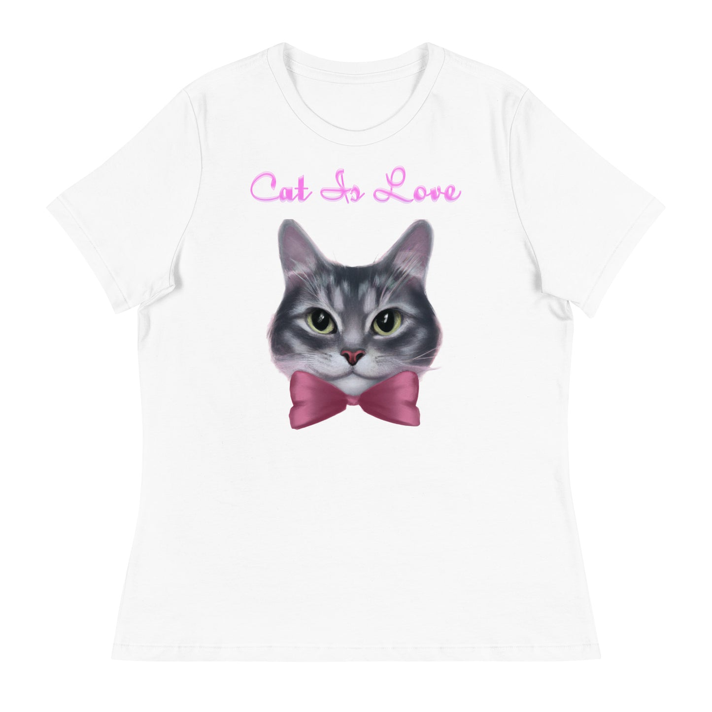 Women's White T-Shirt with Cute Kitten Face With a Pink Bow with a text "Cat Is Love" at $25.97 found at Personalizedpetlovergifts