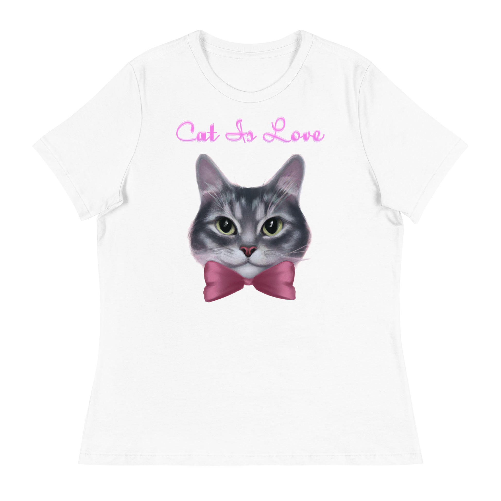 Women's White T-Shirt with Cute Kitten Face With a Pink Bow with a text "Cat Is Love" at $25.97 found at Personalizedpetlovergifts