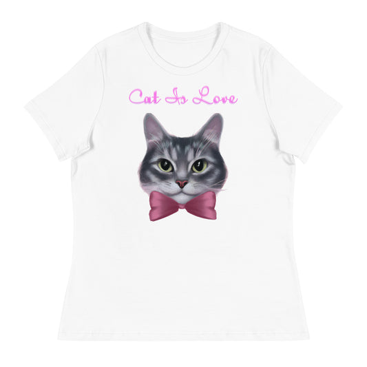 Women's White T-Shirt with Cute Kitten Face With a Pink Bow with a text "Cat Is Love" at $25.97 found at Personalizedpetlovergifts