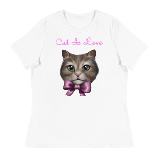 Women's White T-Shirt with Cute Kitten Face With a Bow with a text "Cat Is Love" at $25.97 found at Personalizedpetlovergifts