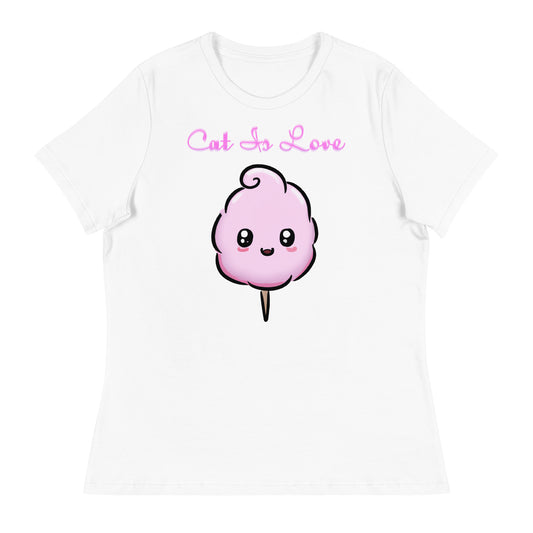 Women's White T-Shirt with Cute Cotton Candy with a text "Cat Is Love" at $25.97 found at Personalizedpetlovergifts