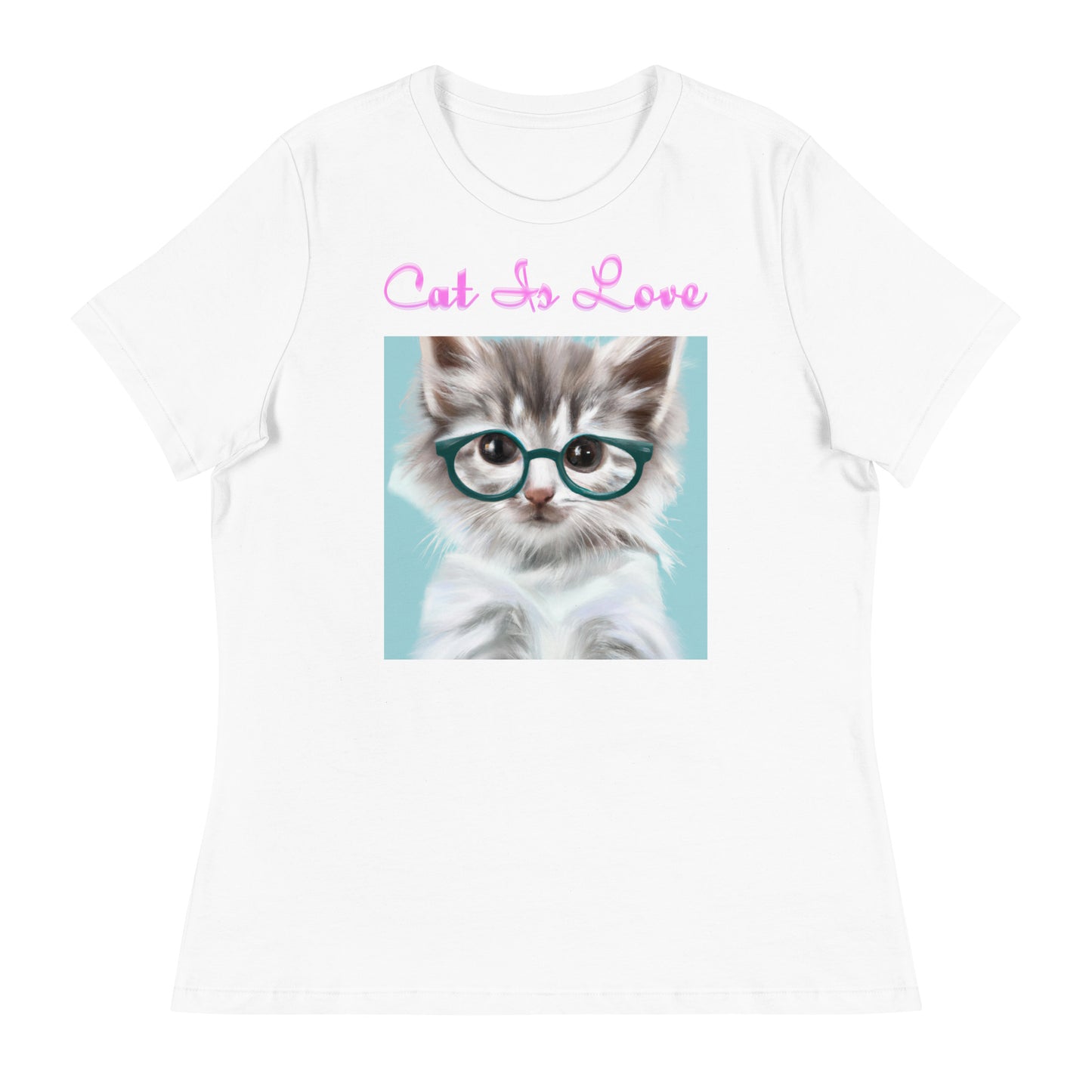 Women's White T-Shirt with Cute Cat With Glasses with a text "Cat Is Love" at $25.97 found at Personalizedpetlovergifts