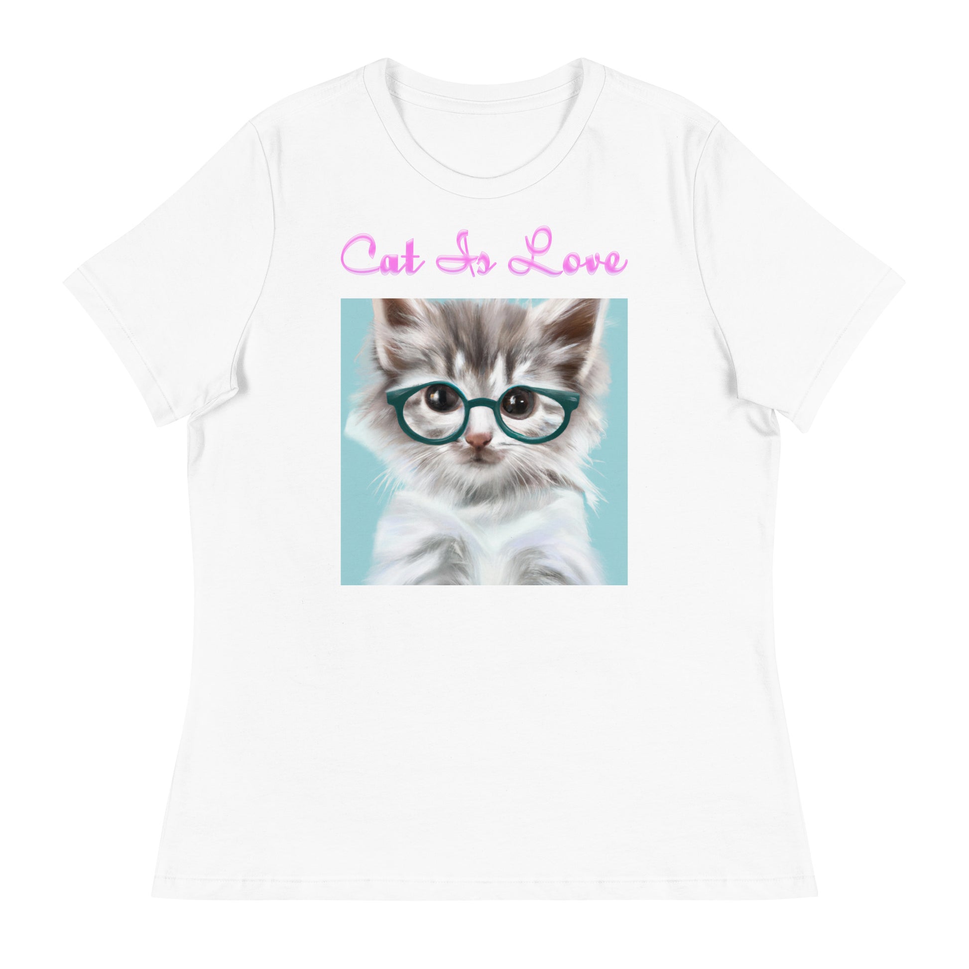 Women's White T-Shirt with Cute Cat With Glasses with a text "Cat Is Love" at $25.97 found at Personalizedpetlovergifts