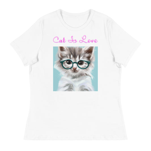 Women's White T-Shirt with Cute Cat With Glasses with a text "Cat Is Love" at $25.97 found at Personalizedpetlovergifts