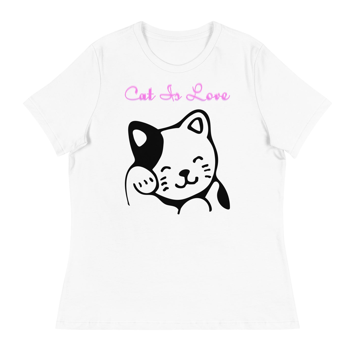 Women's White T-Shirt with Cute Cat Waving with a text "Cat Is Love" at $25.97 found at Personalizedpetlovergifts