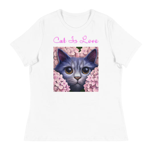 Women's White T-Shirt with Cute Cat In Flowers with a text "Cat Is Love" at $25.97 found at Personalizedpetlovergifts