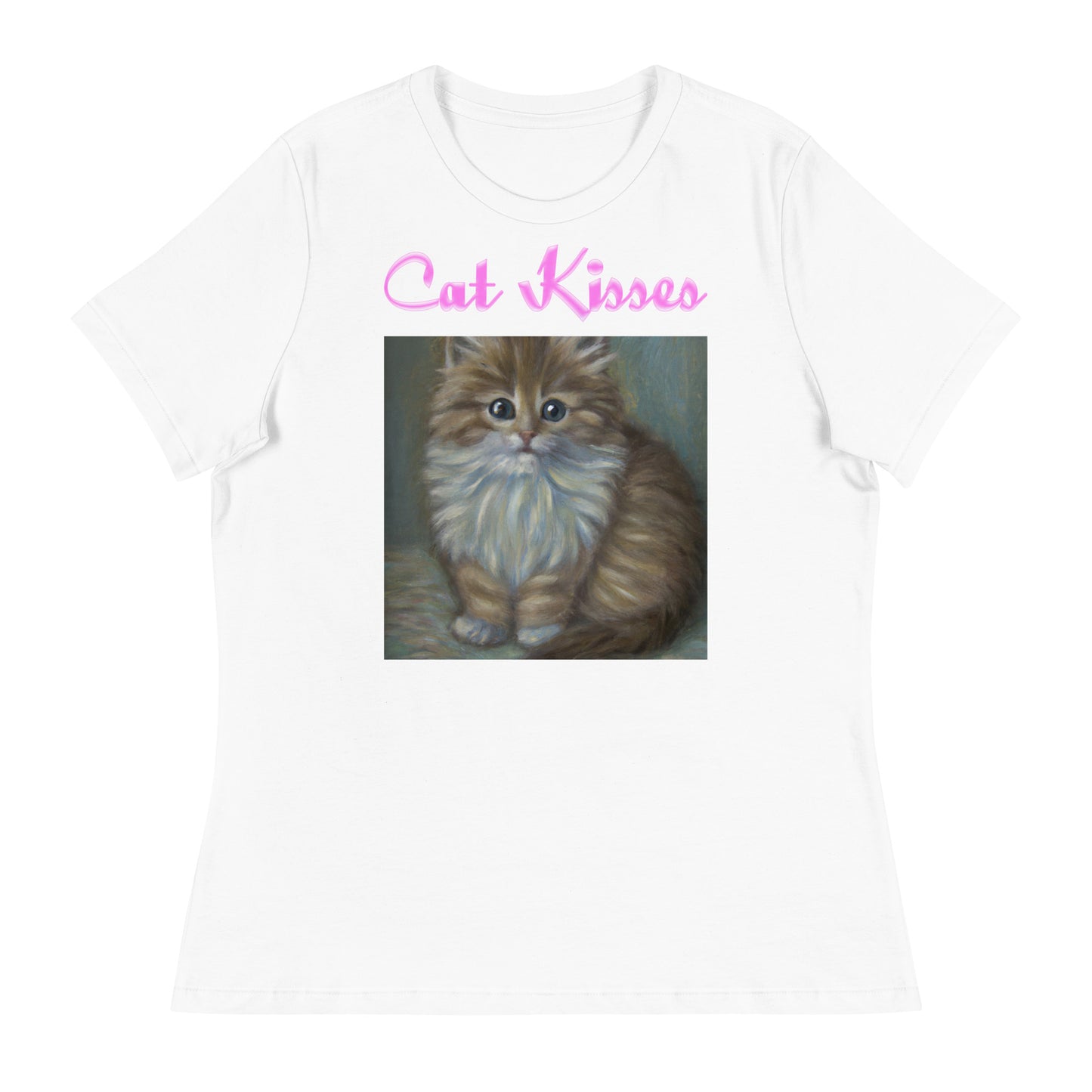 Women's White T-Shirt with Fluffy Kitten Painting with a text "Cat Kisses" at $25.97 found at Personalizedpetlovergifts