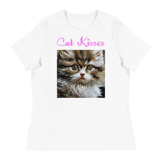 Women's White T-Shirt with Fluffy Kitten Oil Painting with a text "Cat Kisses" at $25.97 found at Personalizedpetlovergifts