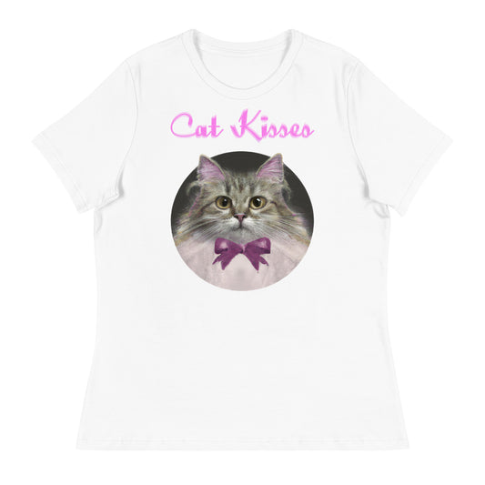 Women's White T-Shirt with Fluffy Kitten in a Circle With a Bow with a text "Cat Kisses" at $25.97 found at Personalizedpetlovergifts