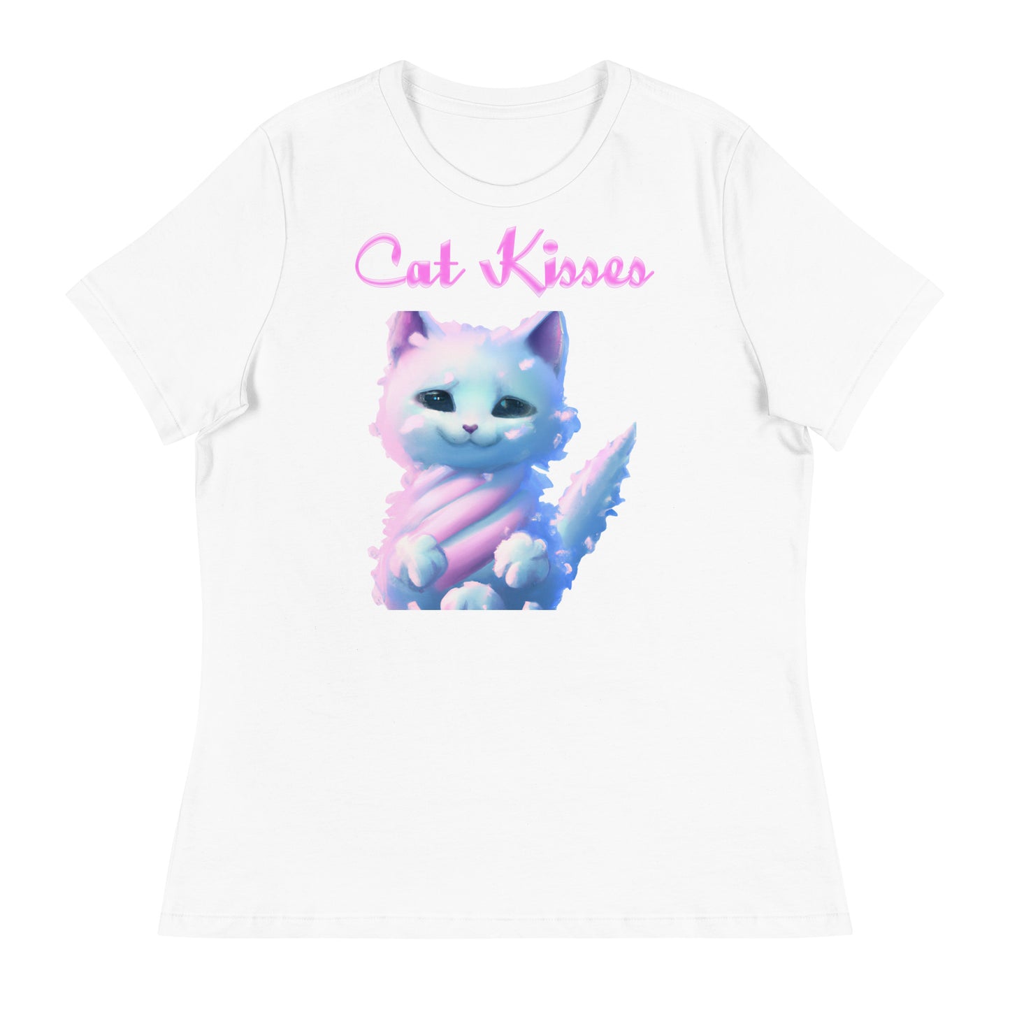 Women's White T-Shirt with Fluffy Cotton Candy Cloud Kitten with a text "Cat Kisses" at $25.97 found at Personalizedpetlovergifts