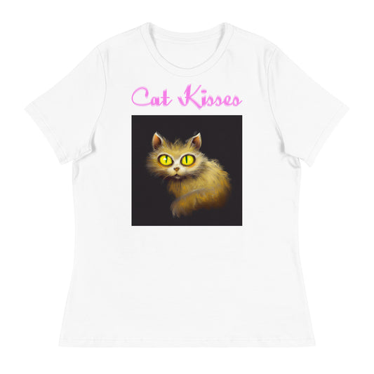 Women's White T-Shirt with Fluffy Cat With Big Yellow Eyes with a text "Cat Kisses" at $25.97 found at Personalizedpetlovergifts