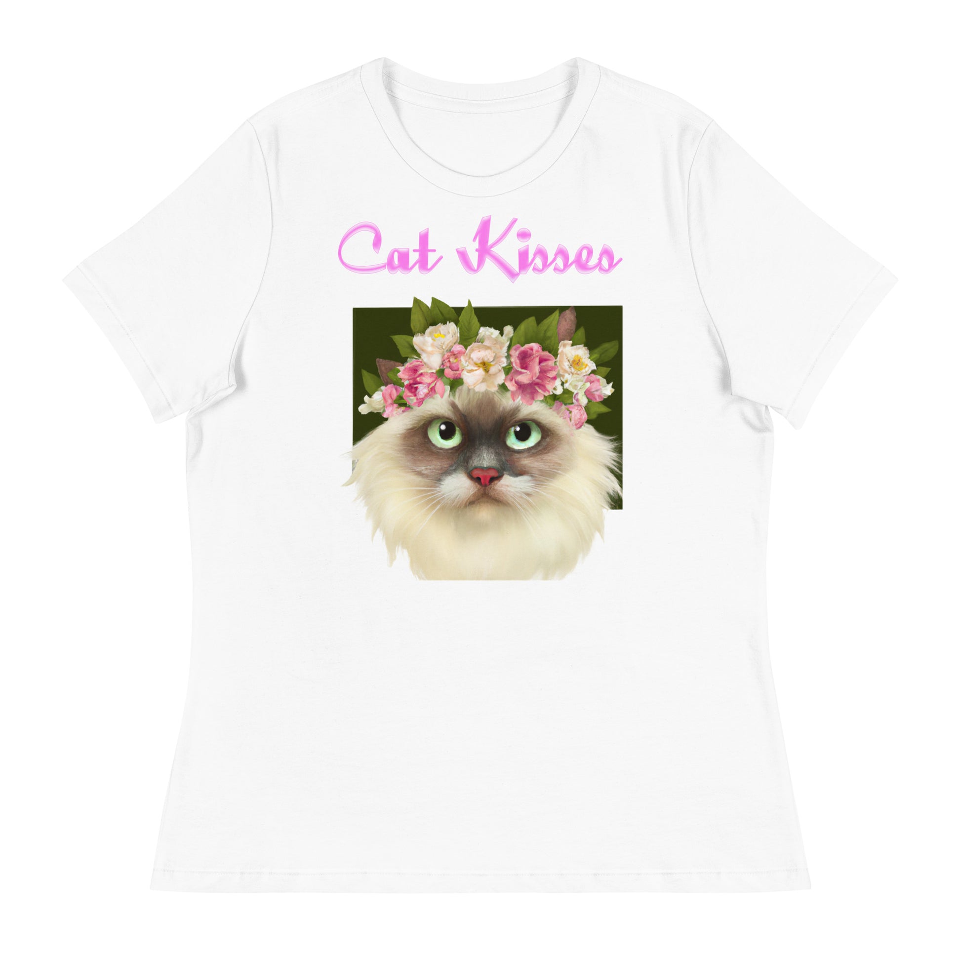 Women's White T-Shirt with Fluffy Cat Portrait With Flowers with a text "Cat Kisses" at $25.97 found at Personalizedpetlovergifts