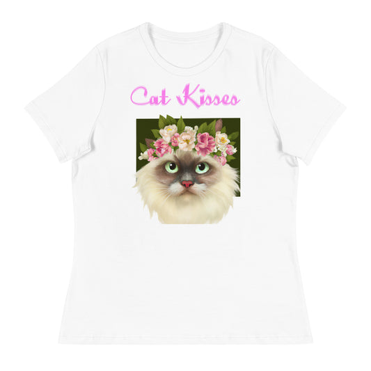 Women's White T-Shirt with Fluffy Cat Portrait With Flowers with a text "Cat Kisses" at $25.97 found at Personalizedpetlovergifts