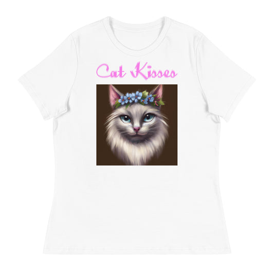 Women's White T-Shirt with Fluffy Cat Portrait With Blue Flowers with a text "Cat Kisses" at $25.97 found at Personalizedpetlovergifts