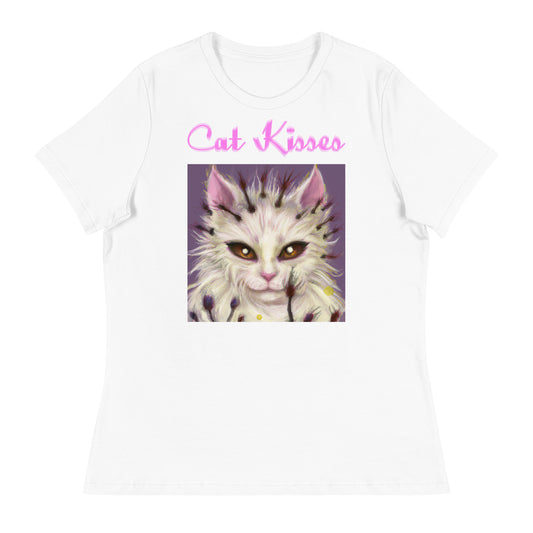 Women's White T-Shirt with Fluffy Alien Cat with a text "Cat Kisses" at $25.97 found at Personalizedpetlovergifts