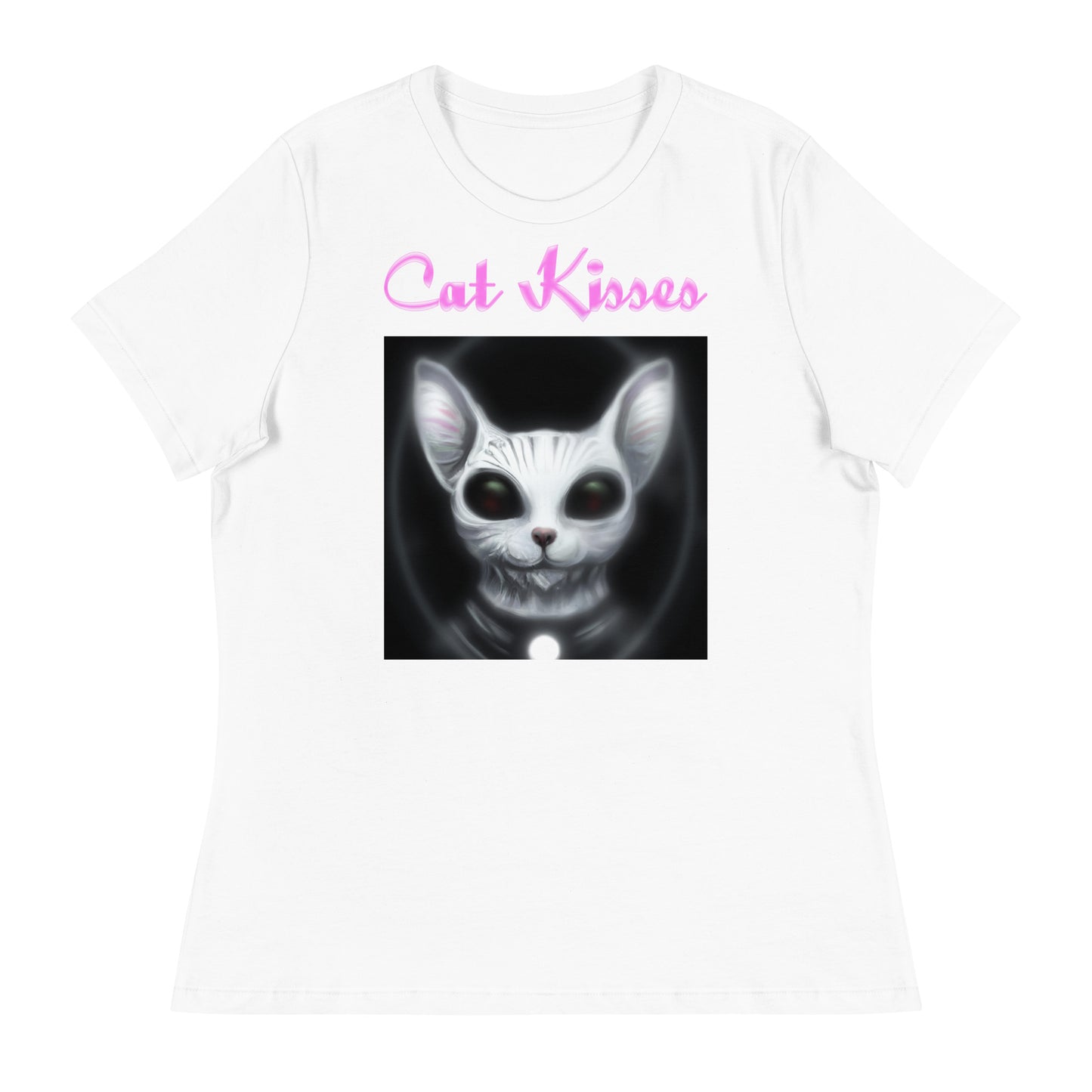 Women's White T-Shirt with Dark Alien Cat with a text "Cat Kisses" at $25.97 found at Personalizedpetlovergifts