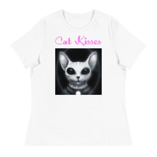 Women's White T-Shirt with Dark Alien Cat with a text "Cat Kisses" at $25.97 found at Personalizedpetlovergifts