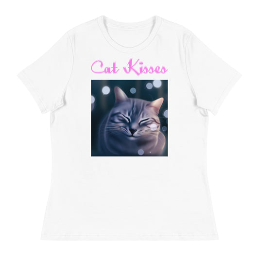 Women's White T-Shirt with Cute Sleepy Cat with a text "Cat Kisses" at $25.97 found at Personalizedpetlovergifts