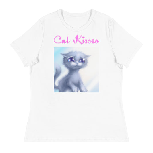 Women's White T-Shirt with Cute Sad Kitten with a text "Cat Kisses" at $25.97 found at Personalizedpetlovergifts