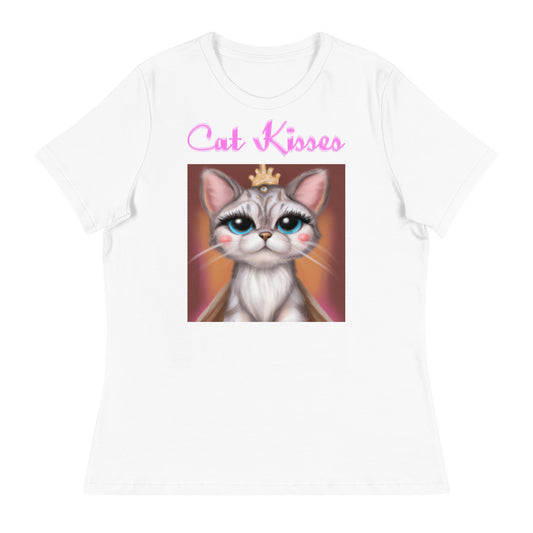 Women's White T-Shirt with Cute Princess Kitten with a text "Cat Kisses" at $25.97 found at Personalizedpetlovergifts