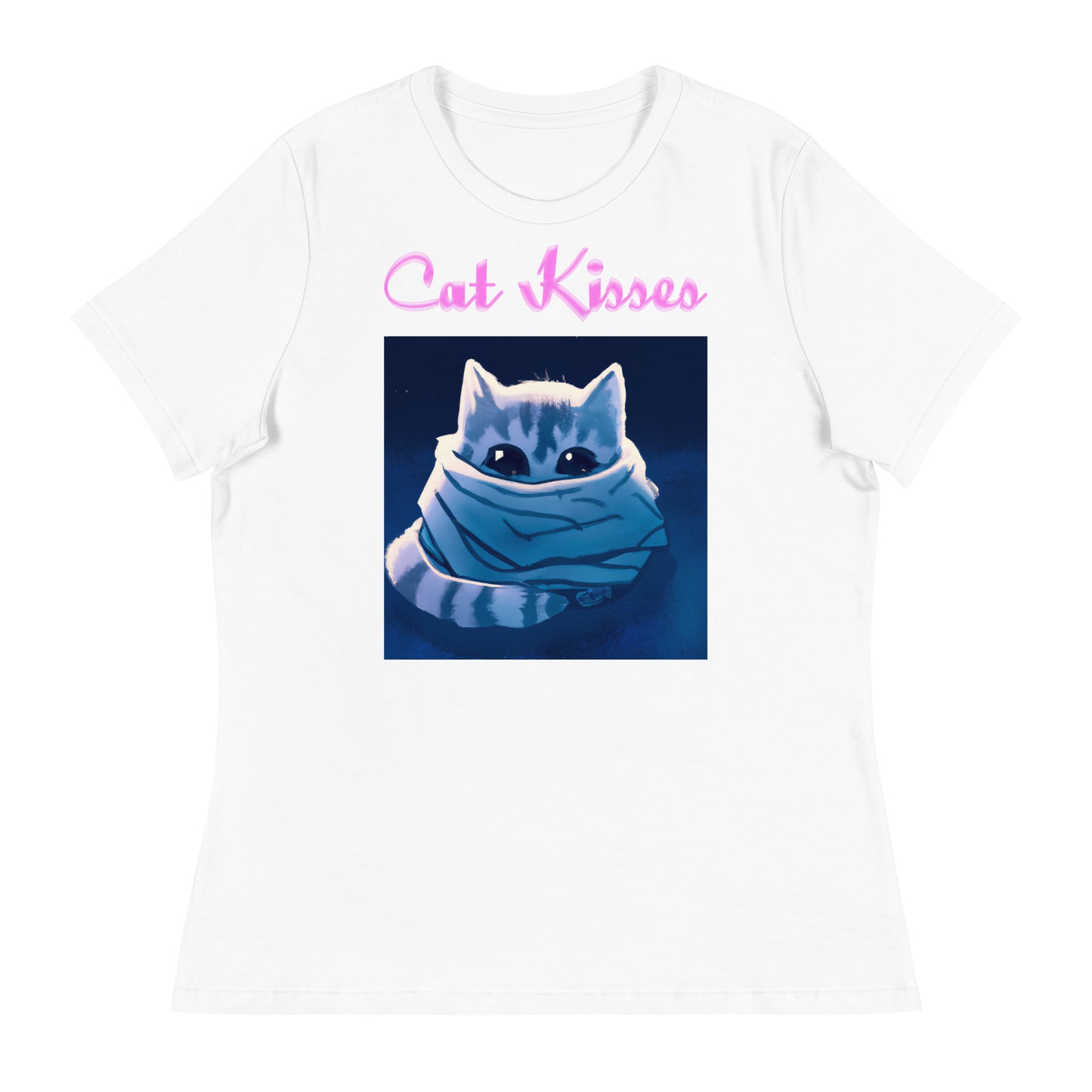 Women's White T-Shirt with Cute Kitten Wrapped Up In a Cozy Scarf with a text "Cat Kisses" at $25.97 found at Personalizedpetlovergifts